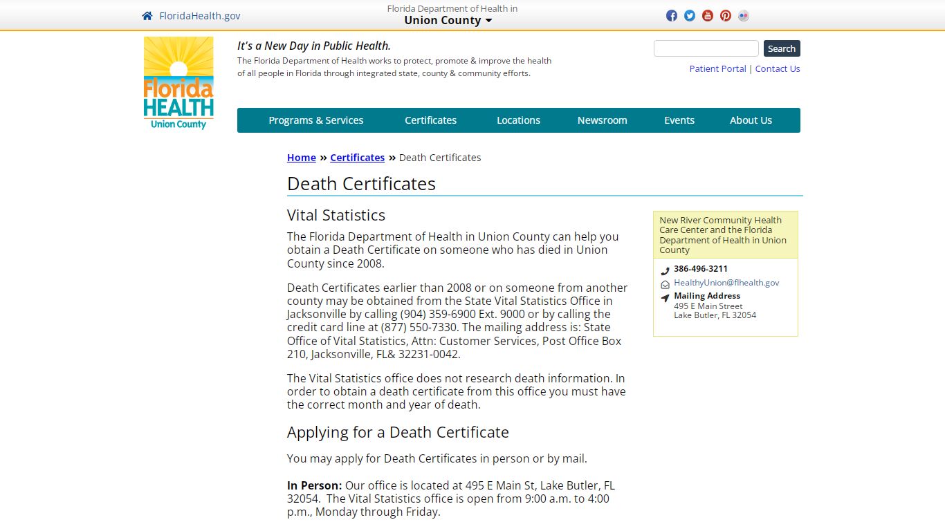 Death Certificates | Florida Department of Health in Union